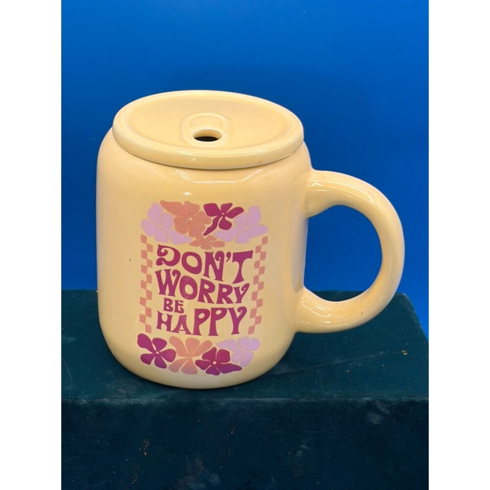 Don't Worry Be Happy Yellow ceramic coffee mug with lid with hole for straw